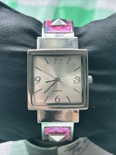 Silver Tone Pink And Multicolored Band Women s Cuff Watch