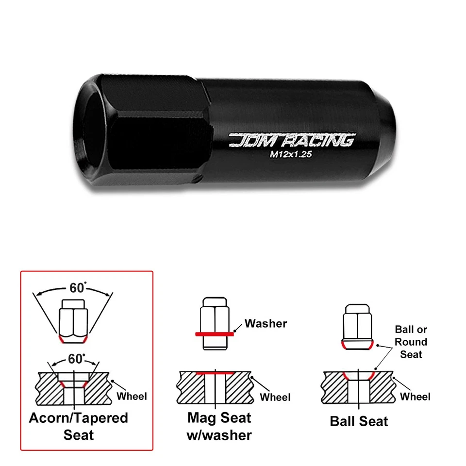 Tuercas hexagonales de bellota de extremo abierto JDM negras M12X1.25 + extensión 25 mm x 60 mm 20 piezas Foto 4 de 4