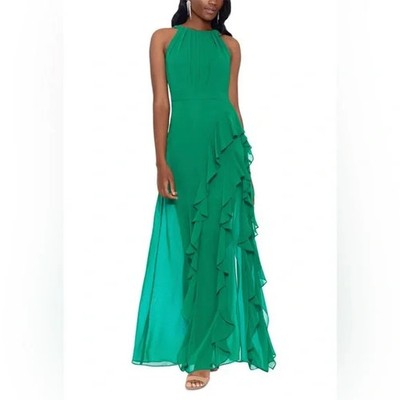 green emerald velvet dress Betsy and Adam Long Ruffled Prom Dress A24201 Hunter / 0