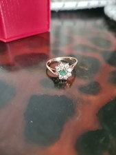 Vintage 9ct Yellow Gold Emerald & Clear Gemstone Cluster Ring