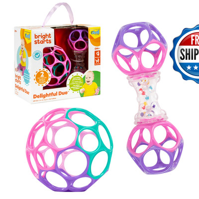 Bright Starts Delightful Duo 2-Pack Gift Set Easy-Grasp Oball Rattles Pink Baby