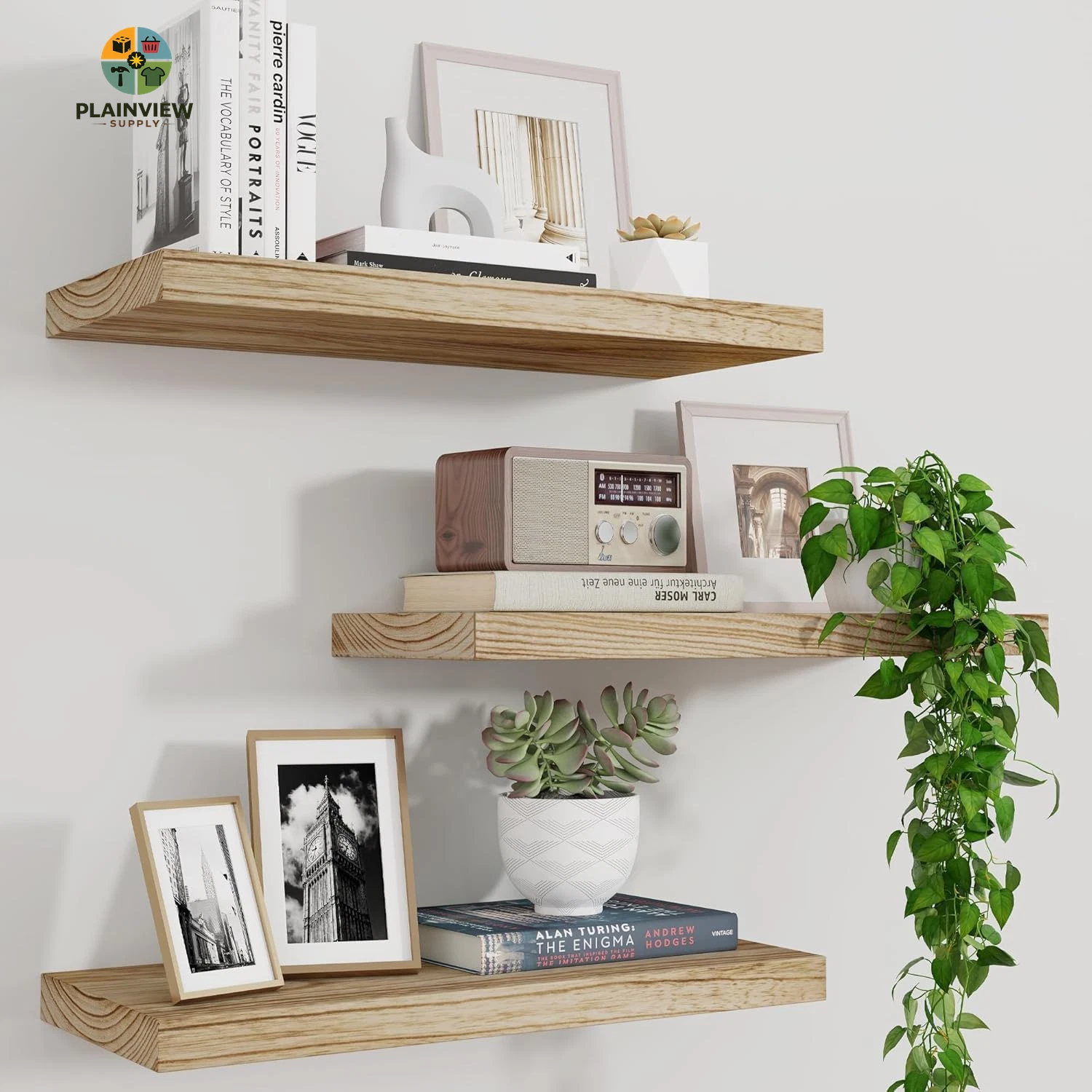 Wood Floating Shelves for Wall Set of 3, 17 Inch Wide Rustic Wooden Floating She