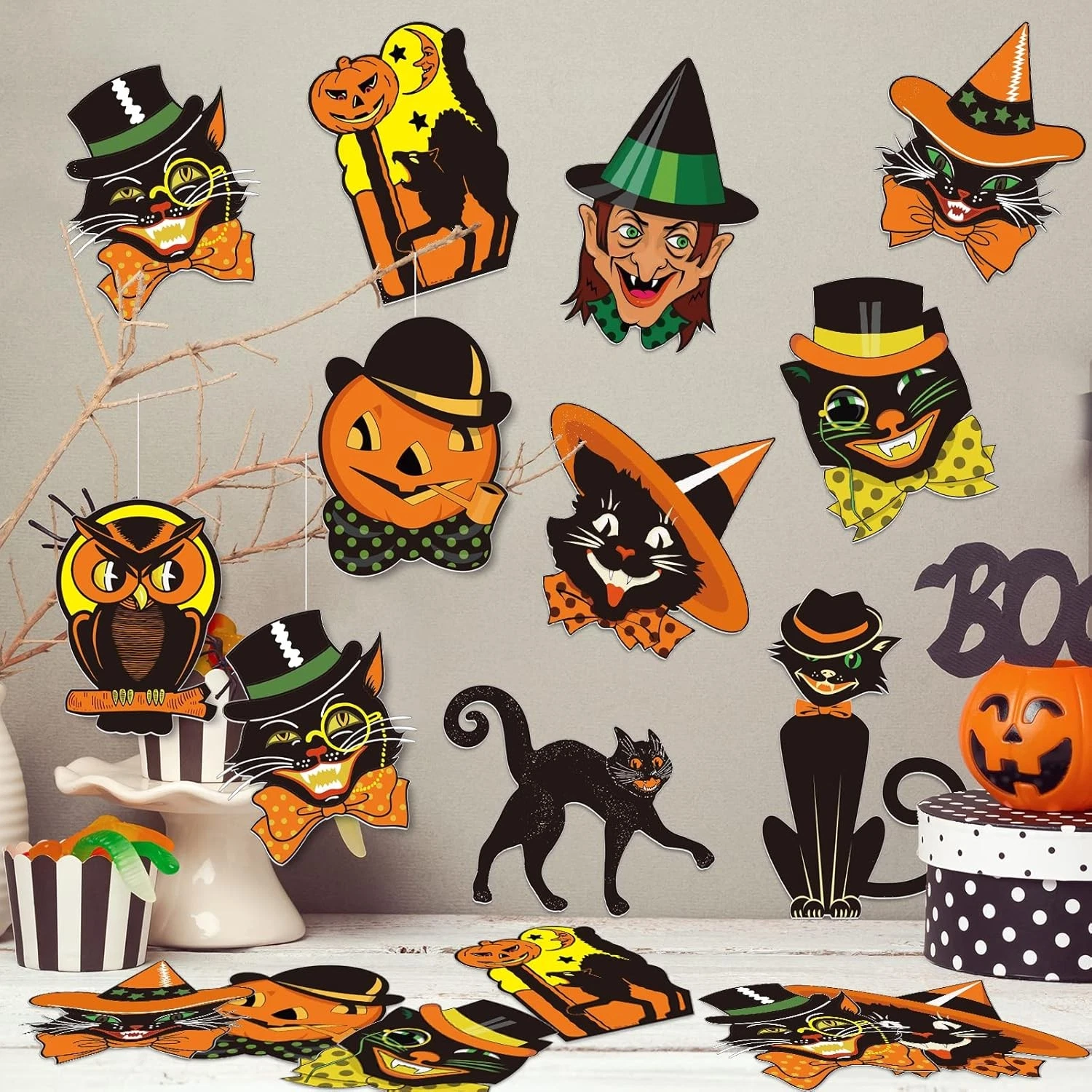 40Pcs Vintage Halloween Decorations - Assorted Retro Pumpkin, Cat, Owl Cutouts