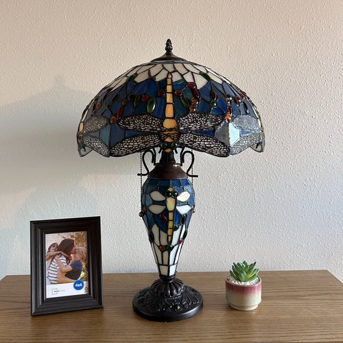 Tiffany Style Table Lamp Dragonfly Blue Stained Glass LED Bulbs Included H24" - Picture 7 of 10
