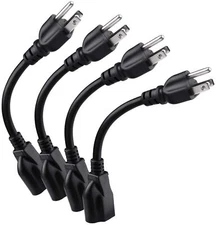 Short Power Extension Cord Outlet Saver, 16AWG/13A, 3 Prong (4 Pack, Black, 8 In