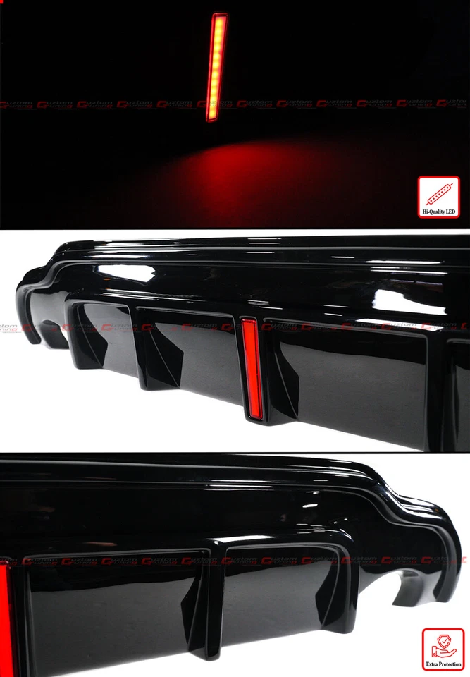 FOR 2014-17 INFINITI Q50 GLOSSY BLACK REAR BUMPER DIFFUSER W/ V2 LED BRAKE LIGHT - Image 4 of 4