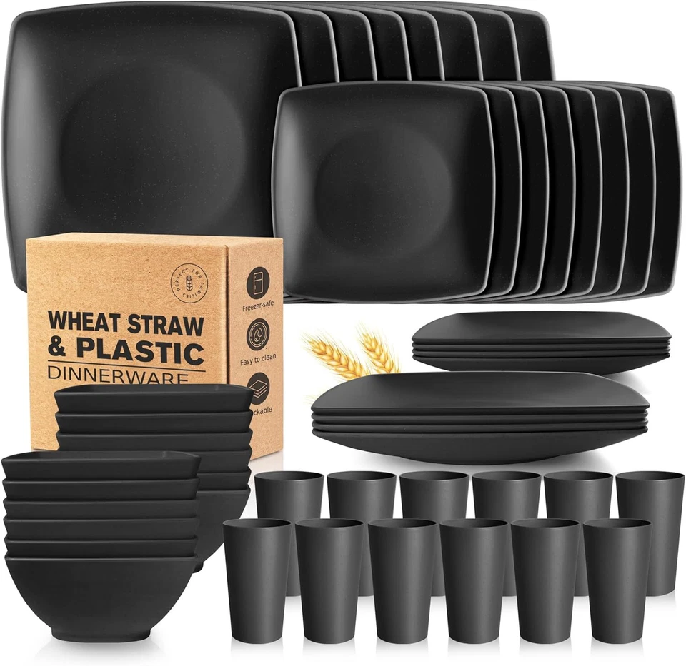 Black Kitchen Plastic Wheat Straw Square Dinnerware,Unbreakable Dinner Plates