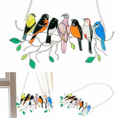 Multicolor Metal Panel Birds Stained Glass Window Suncatcher Hanging Home Decor
