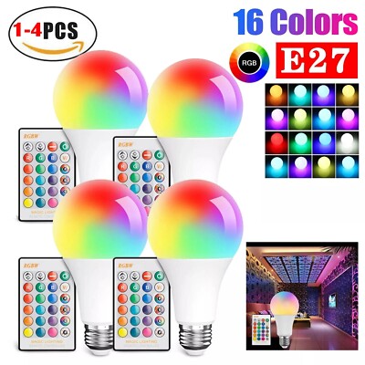4 PACK RGBW LED Light Bulb Color Changing Dimmable Lamps With Remote Control 15W