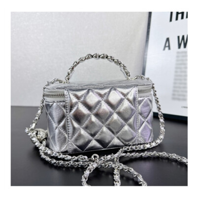 Small Quilted Real Leather Lambskin Vanity Case Purse w/ Silver