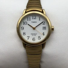 Timex Watch Women 25mm Indiglo Gold Tone Date 2014 Stretch Band New Battery a1