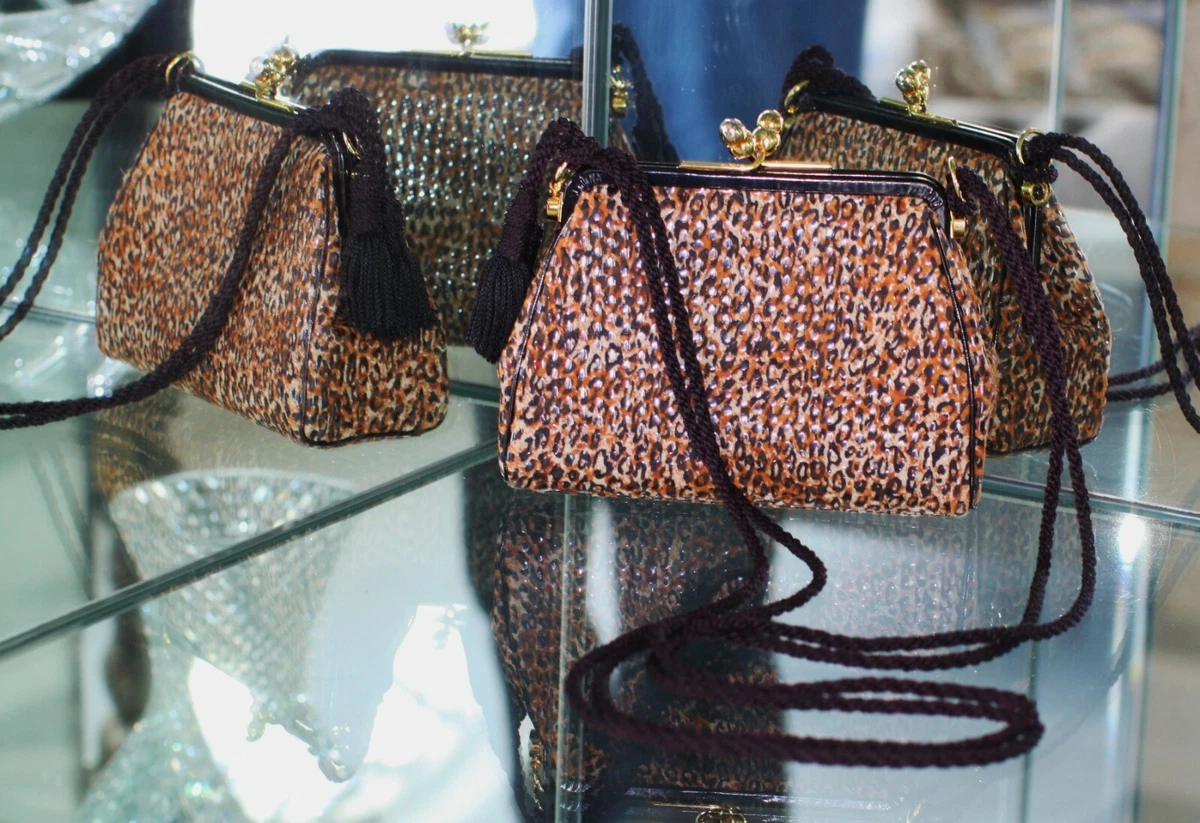 Judith Leiber SUEDE LEATHER HANDBAG Kiss Lock LEOPARD CHEETAH