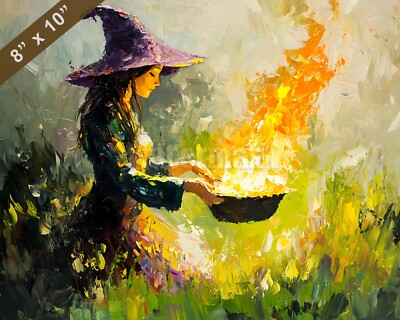 Witch casting spell by fire oil painting 8x10 Print