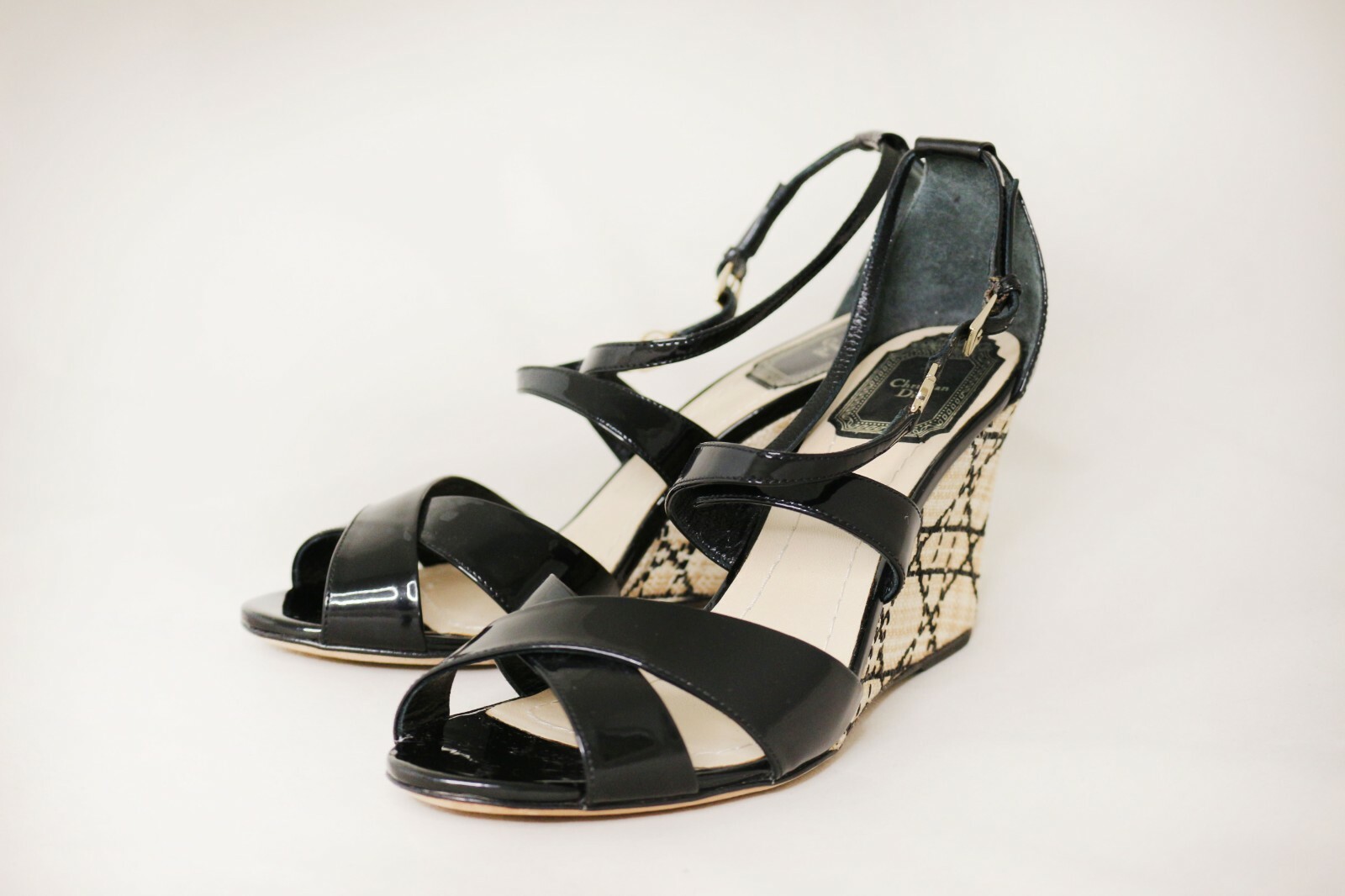 Christian Dior Black Patent Leather Raffia Wedge Sandals Size 37 EU | eBay