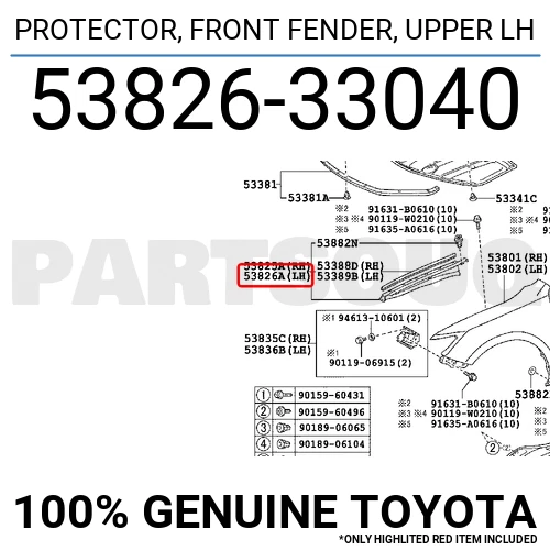 5382633040 Genuine Toyota PROTECTOR, FRONT FENDER, UPPER LH 53826 