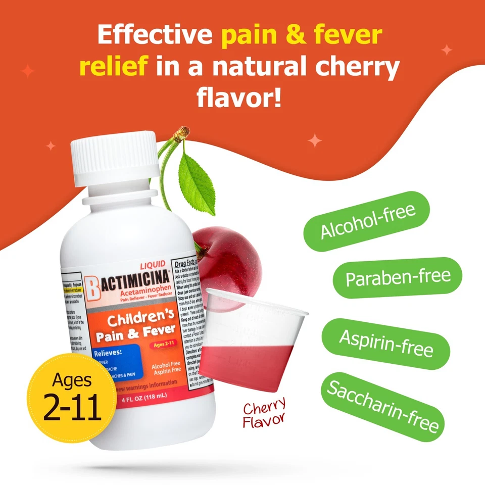 Bactimicina Kids Pain and Fever Liquid w/ Acetominophen, USA  4 FL OZ  Exp 12/27 - Image 2 of 4