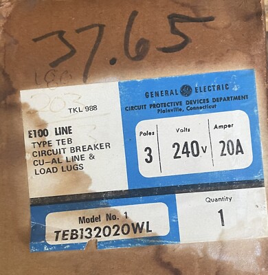 GENERAL ELECTRIC GE CIRCUIT BREAKER, 3 POLES, 240V, 20A, 3865, TEB /TE 132020WL