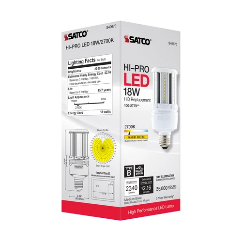 Satco S49670 18W LED HID 100-277V Corncob Bypass Medium E26 2700K Warm White - Picture 10 of 11