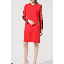 TAIFUN red stripe jersey zip pocket shift long sleeve classic mini dress L