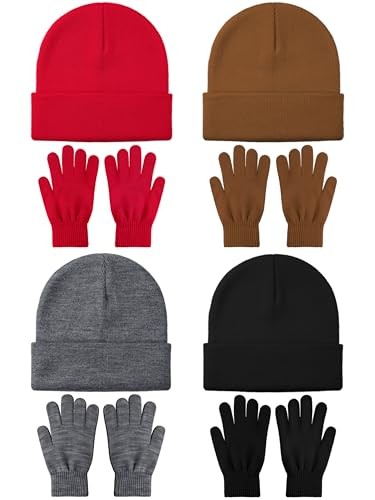 8 Pack Winter Hat and Gloves Set for One Size Black, Heather 
