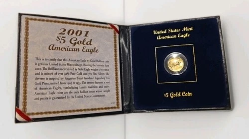 2001 $5 American Gold Eagle 1/10 oz Gold Coin BU w/ U.S. Mint Box & COA