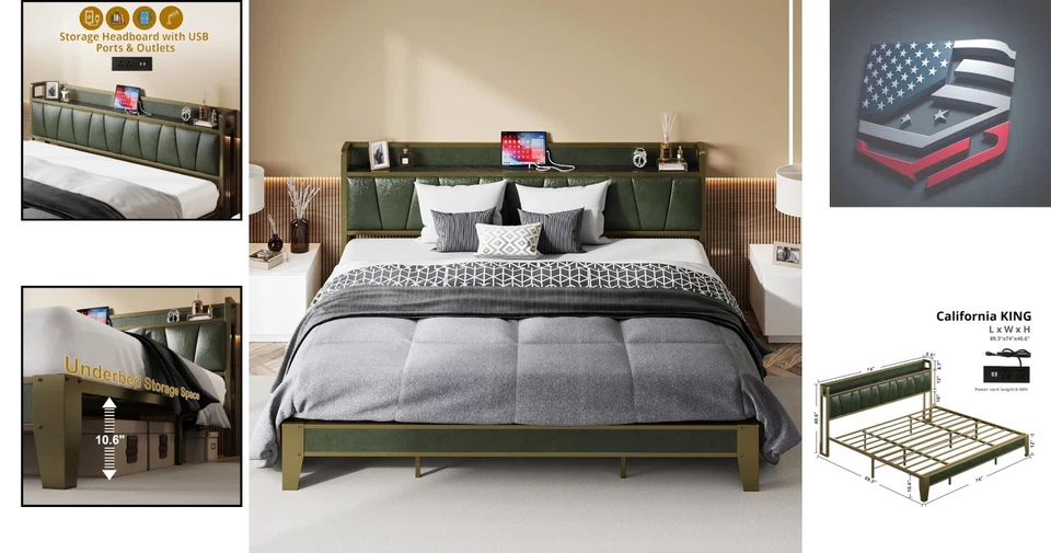 Elegante marco de cama California King con elegante cabecero de almacenamiento y carga USB Foto 2 de 4