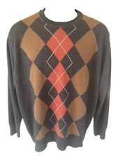 Dockers Sweater Men's Large Charcoal Gray Tan Orange Argyle Crew Neck LS