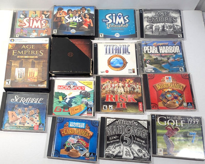 Vintage PC games LOT of 15 Sims, Age of Empires, Riven, Titanic, board games etc
