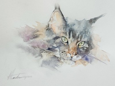 Cat, Animal, Watercolor artwork, Handmade, Original painting on paper