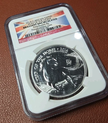 Beautiful 2014 Great Britain 2 Pound- 1 OZ .999 Silver Year of the Horse NGC BU - Picture 2 of 3