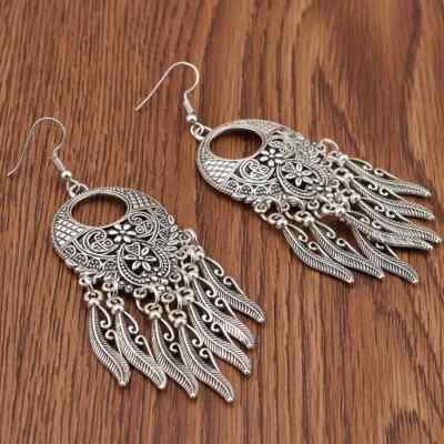 Orecchini Lunghi Tibetani In Argento 925 - Stile Boho Vintage Con Gancio - Turtleland