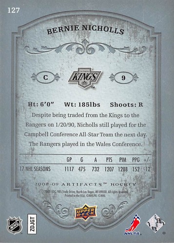 2008-09 Artifacts Blue #127 Bernie Nicholls LEG /50 - Picture 2 of 2