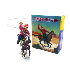 MS418 New Vintage Tin Litho Key Wind-Up Toy Cowboy W/ Whip 6" Tall