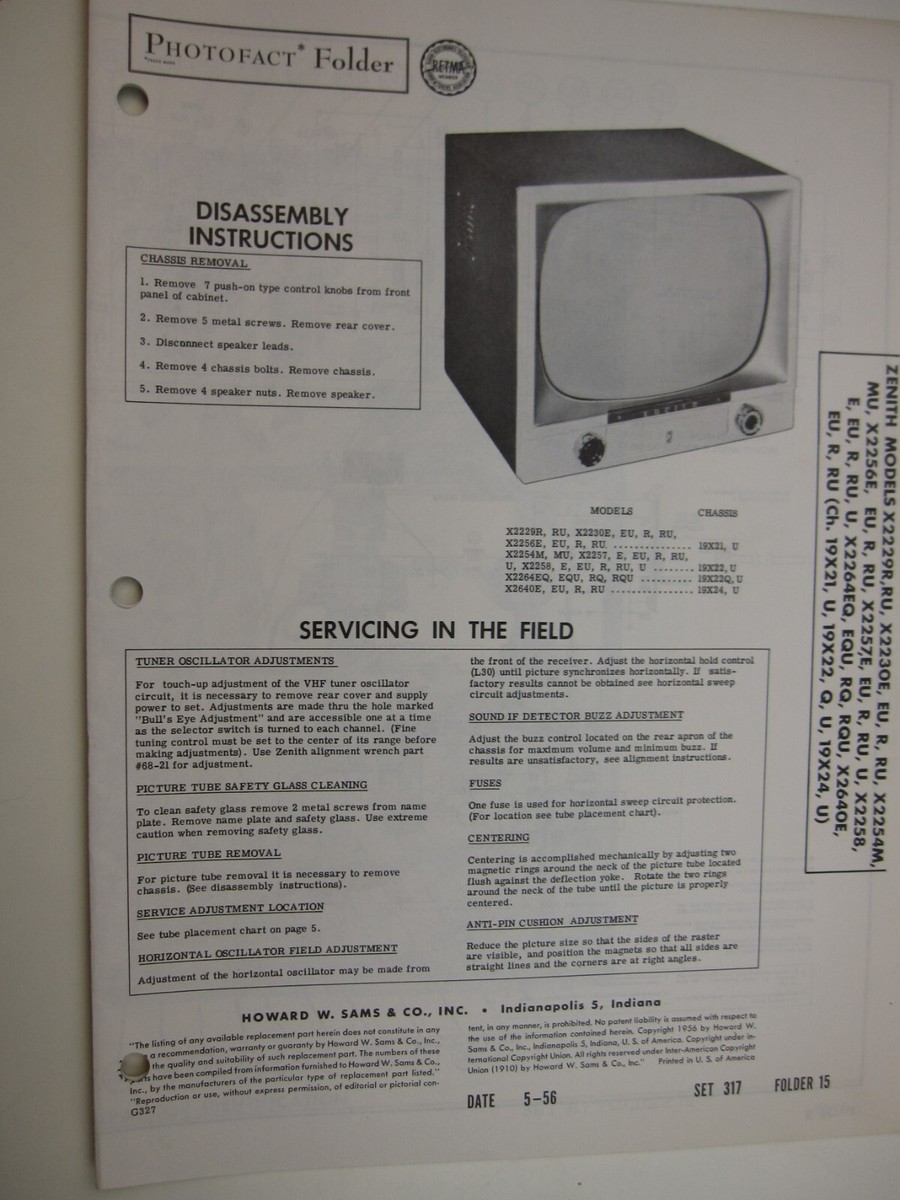 SF 1950's Sams Photofact ZENITH Model X2229R, X223OE, X2254M
