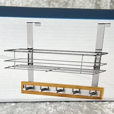 ToiletTree Bamboo Wood & Stainless Steel Over The Door Towel Rack w/Basket NISB