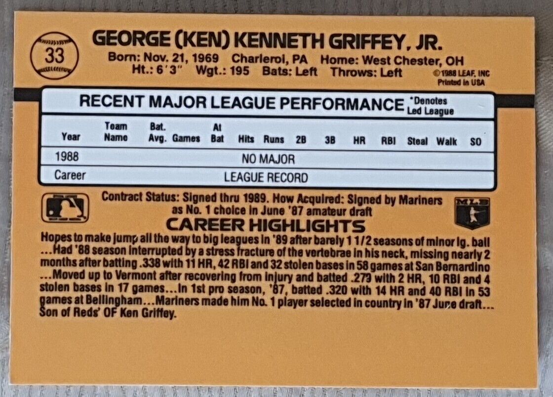 1989 Donruss Baseball Card #33 Ken Griffey Jr. Rated Rookie RC Mariners MVP HOF