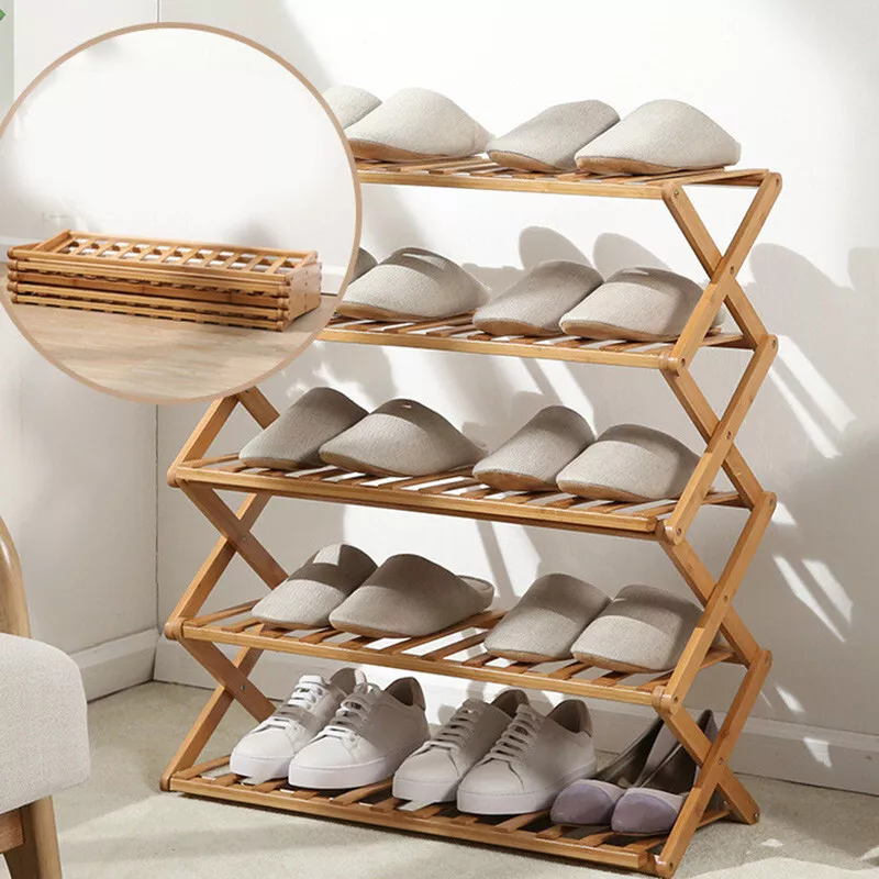 Bamboo Foldable Shoe Rack, Free Standing Shoe Organizer Storage Rack