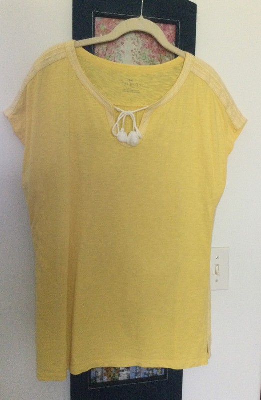 TALBOTS Large Embroidered Tie-Front Tee Yellow with White Embroidery EUC