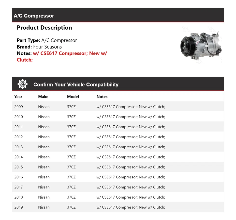 Compresor de aire acondicionado para Nissan 370Z 2009-2019 4 estaciones 2010 2011 2012 2013 2014 2015 Foto 2 de 4