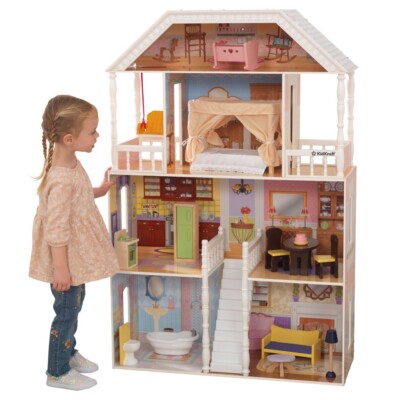 Wooden Dollhouse, over feet Tall with Porch Swing and 14