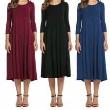 Women Long Sleeve Shirt Long Maxi Dress Casual Flared Swing Skater Midi Dress