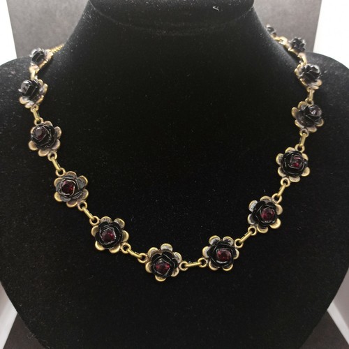 Michal Negrin Necklace Black Roses 3D & Deep Red Swarovski Crystals Statement - Picture 7 of 18