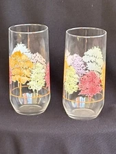 VTG Autumn Trees Retro Water Glasses Mid Century Harvest Time Set Of 2