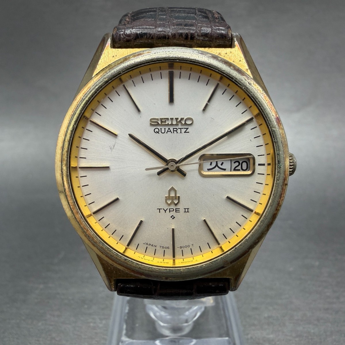 Seiko Type II Watch Men 35mm Silver Dial Gold Tone Daydate 7546