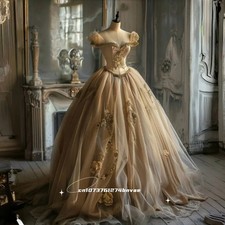 Vintage Champagne Prom Dress Beaded Flowers Appliques Ball Gown Princess Party