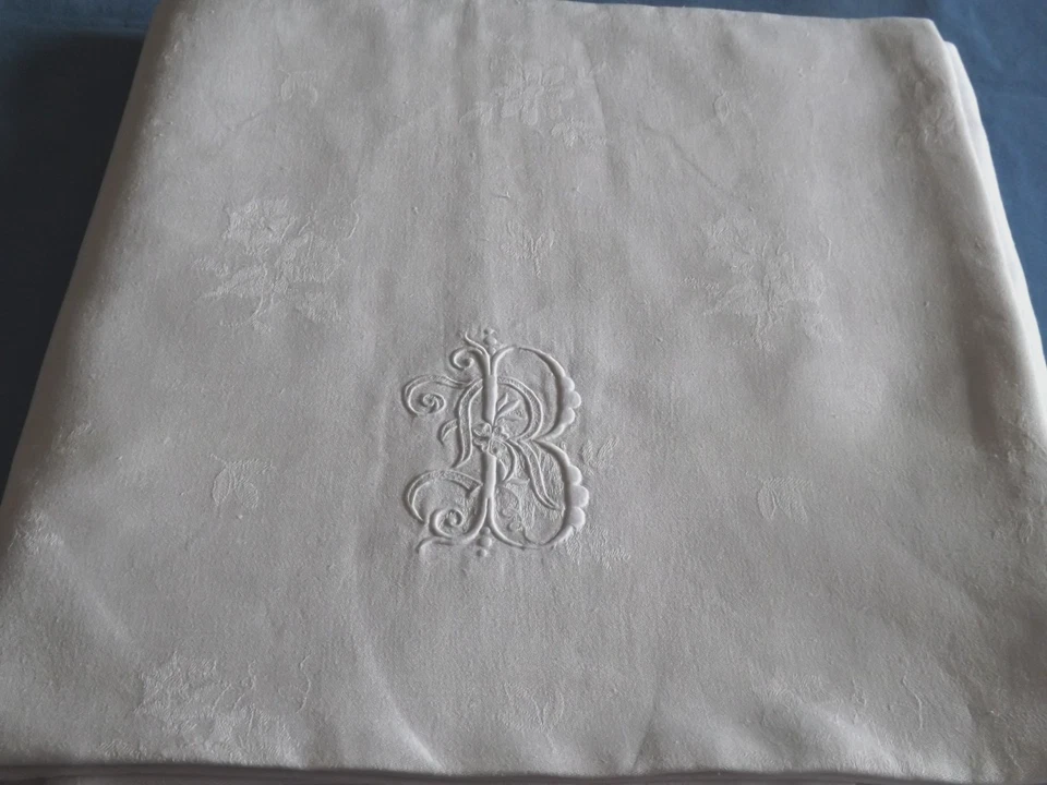 grande nappe, 4.30 m X 1.69 m, damas de fil de lin, mono BR, ancienne - Photo 3/4