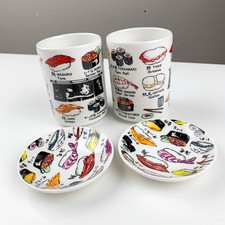 Japanese Yunomi Tea Cups Set Sushi Theme Saucers Lids Soy Sauce Plates