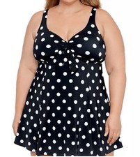Swim Solutions Plus Size Tummy Control Bow Front Swimdress, Blk/Wht, 16W, 122