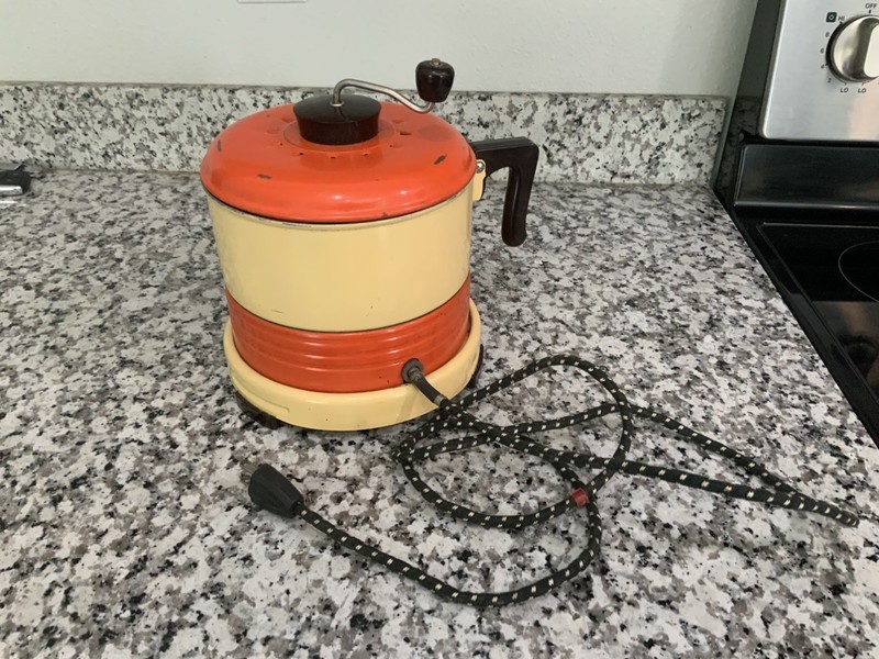 Vintage Retro Electric Popcorn Popper Orange & Yellow Works, Hand Crank on Top