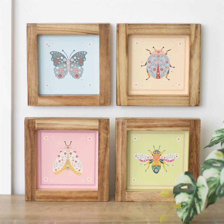 Set of 4 Floral Bug Framed Wall Art Prints. Nature Themed Prints.